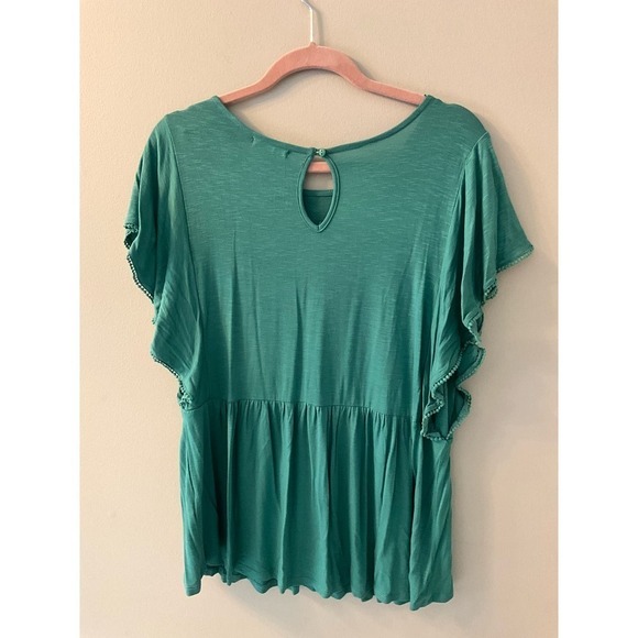 RXB Peplum Blouse Women's M Green Short Ruffle Sleeve Round Neck Rayon Stretch - Picture 2 of 7